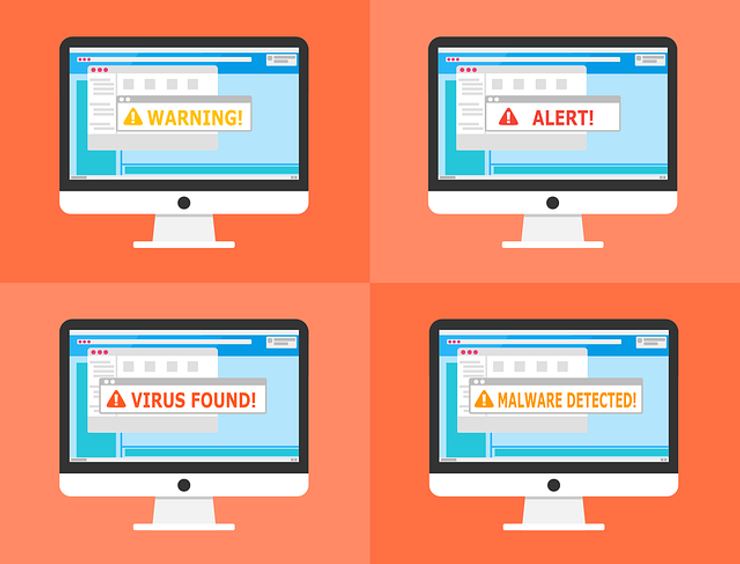 illustration of 4 PCs showing malware and virus alerts