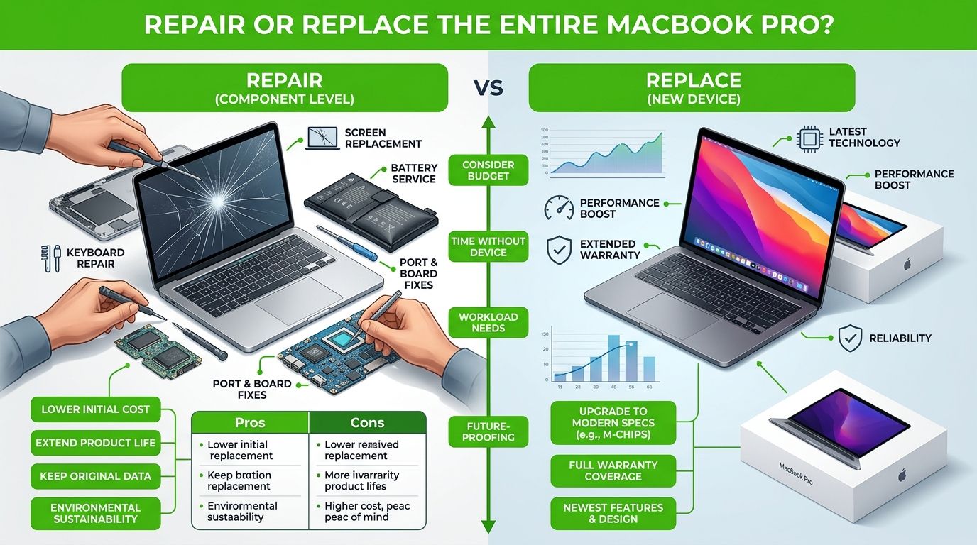 A comparison infographic showing the pros and cons of repairing versus replacing a MacBook Pro laptop.