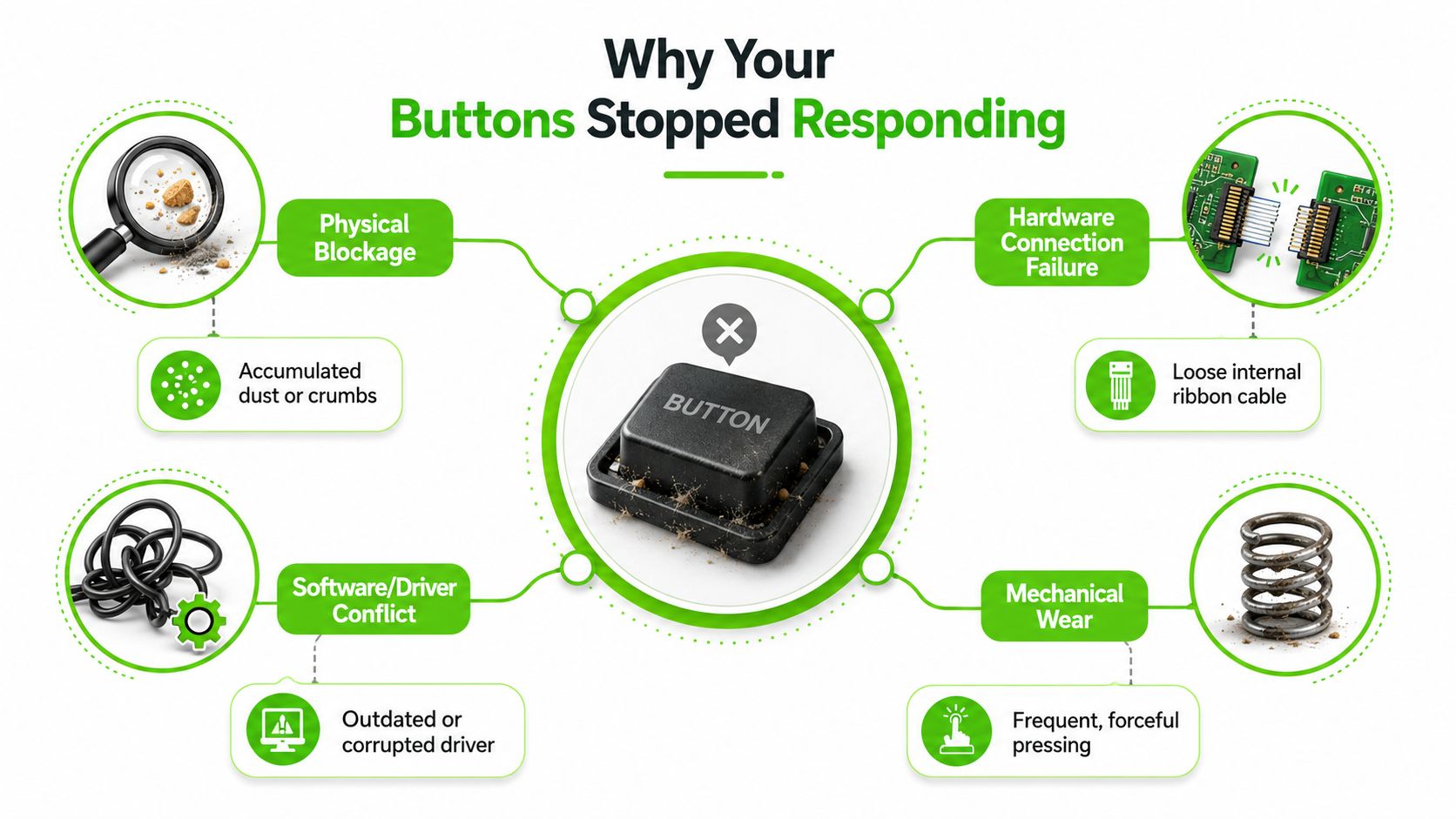 A diagram illustrating common causes why electronic buttons stop working, including physical blockages, connection failures, software conflicts, and mechanical wear.
