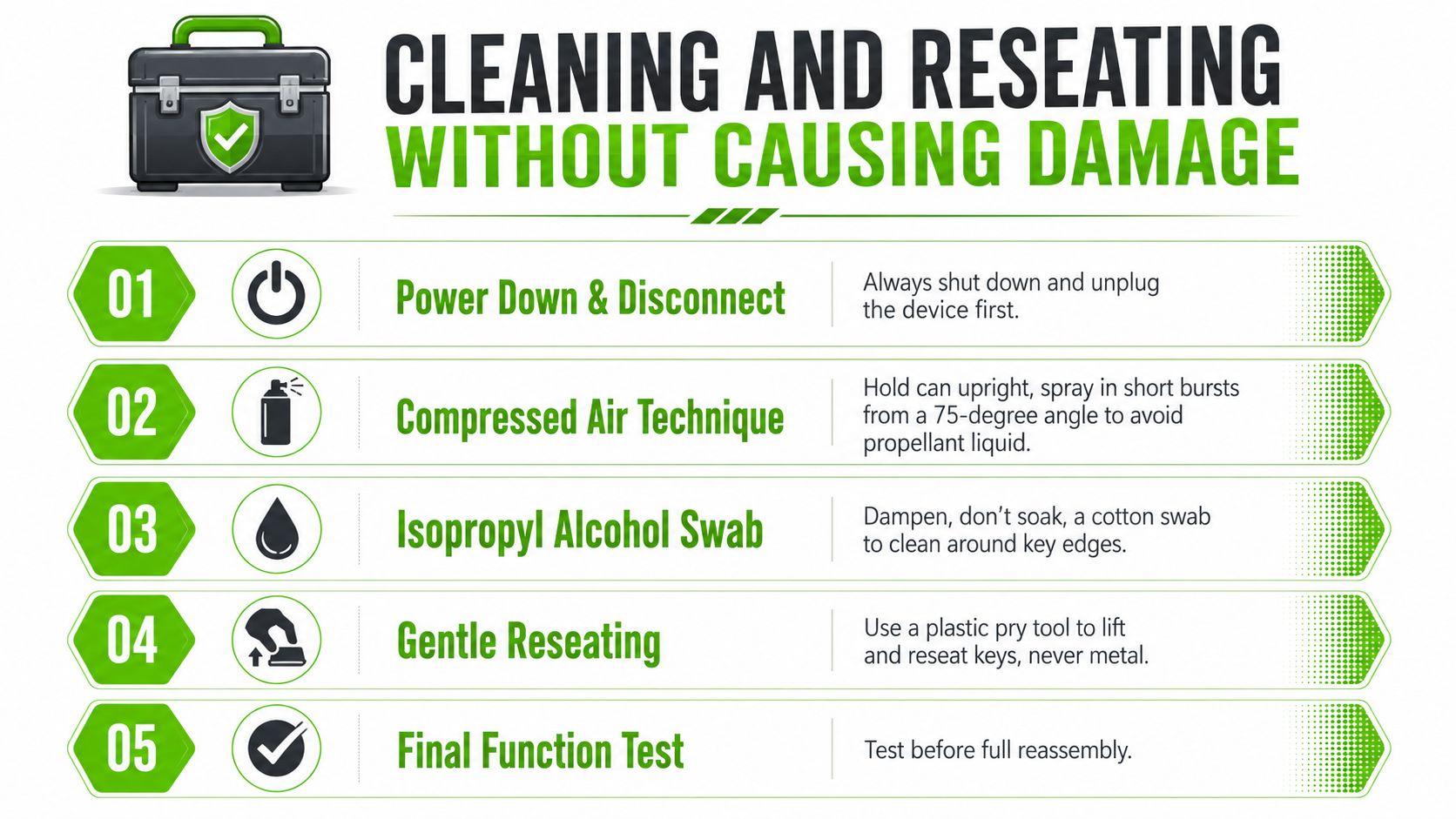 An infographic showing a five-step guide for safely cleaning and reseating computer keyboard buttons.