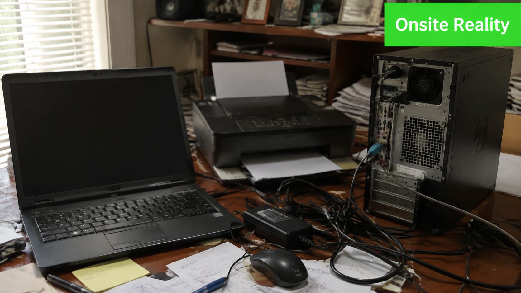 A messy desk featuring an open laptop, a desktop tower, a printer, and various scattered electronic cables.