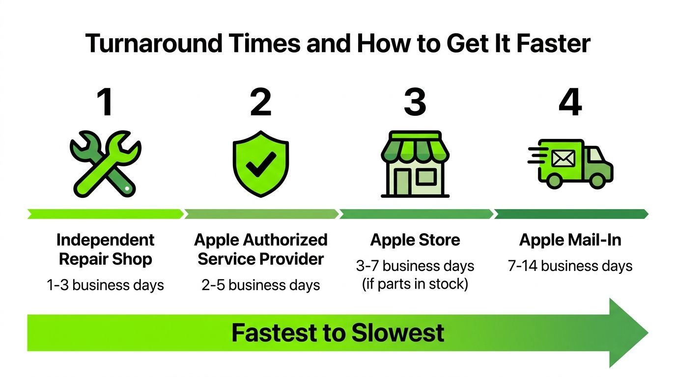 A comparison chart showing turnaround times for different Apple repair services from fastest to slowest.