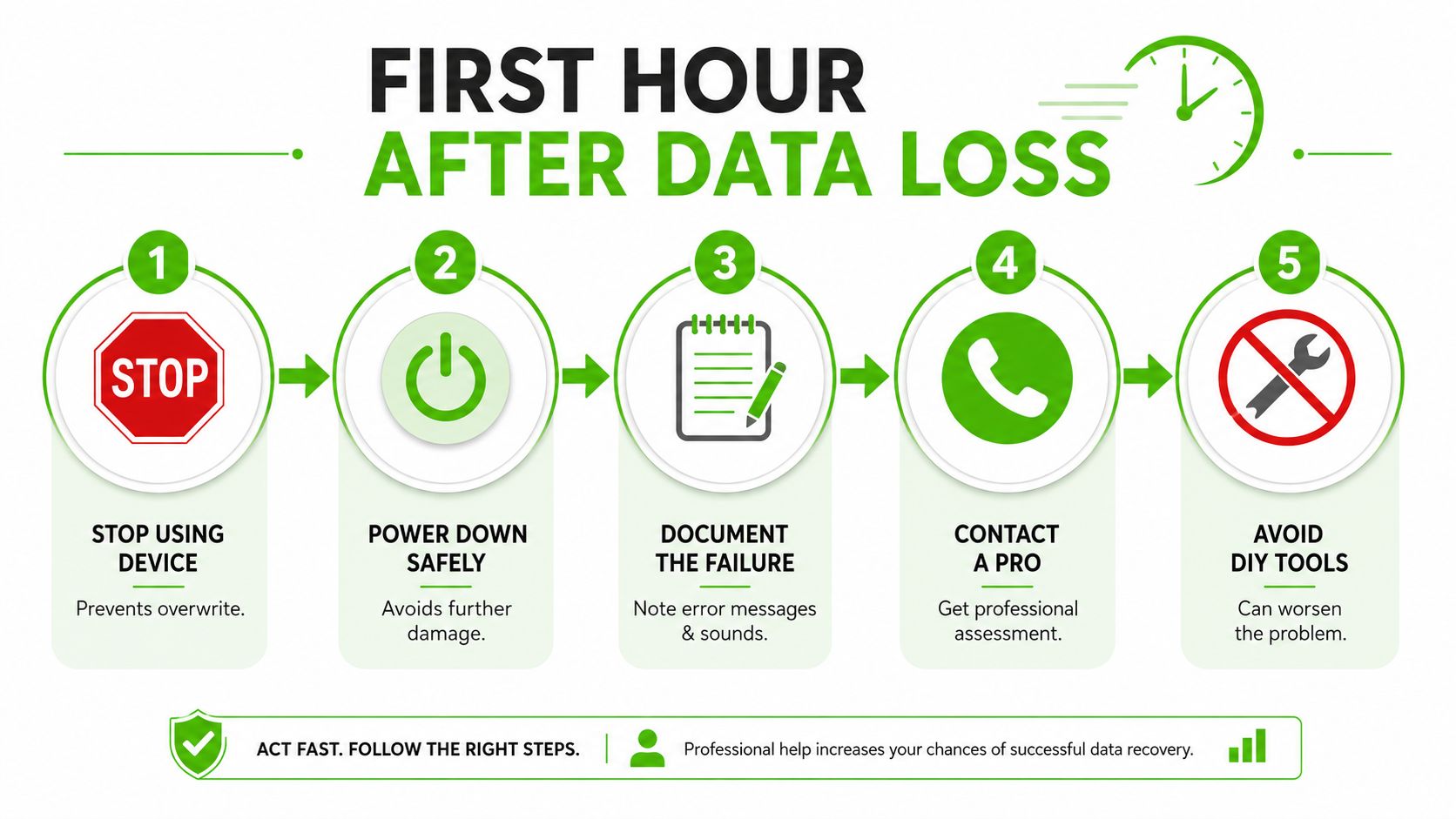 A step-by-step infographic showing essential actions to take immediately after experiencing digital data loss on devices.