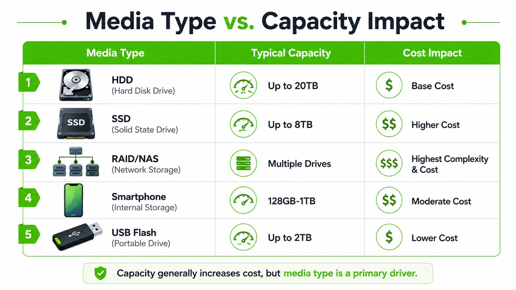 A table comparing media types, storage capacities, and cost impacts for various data storage devices.