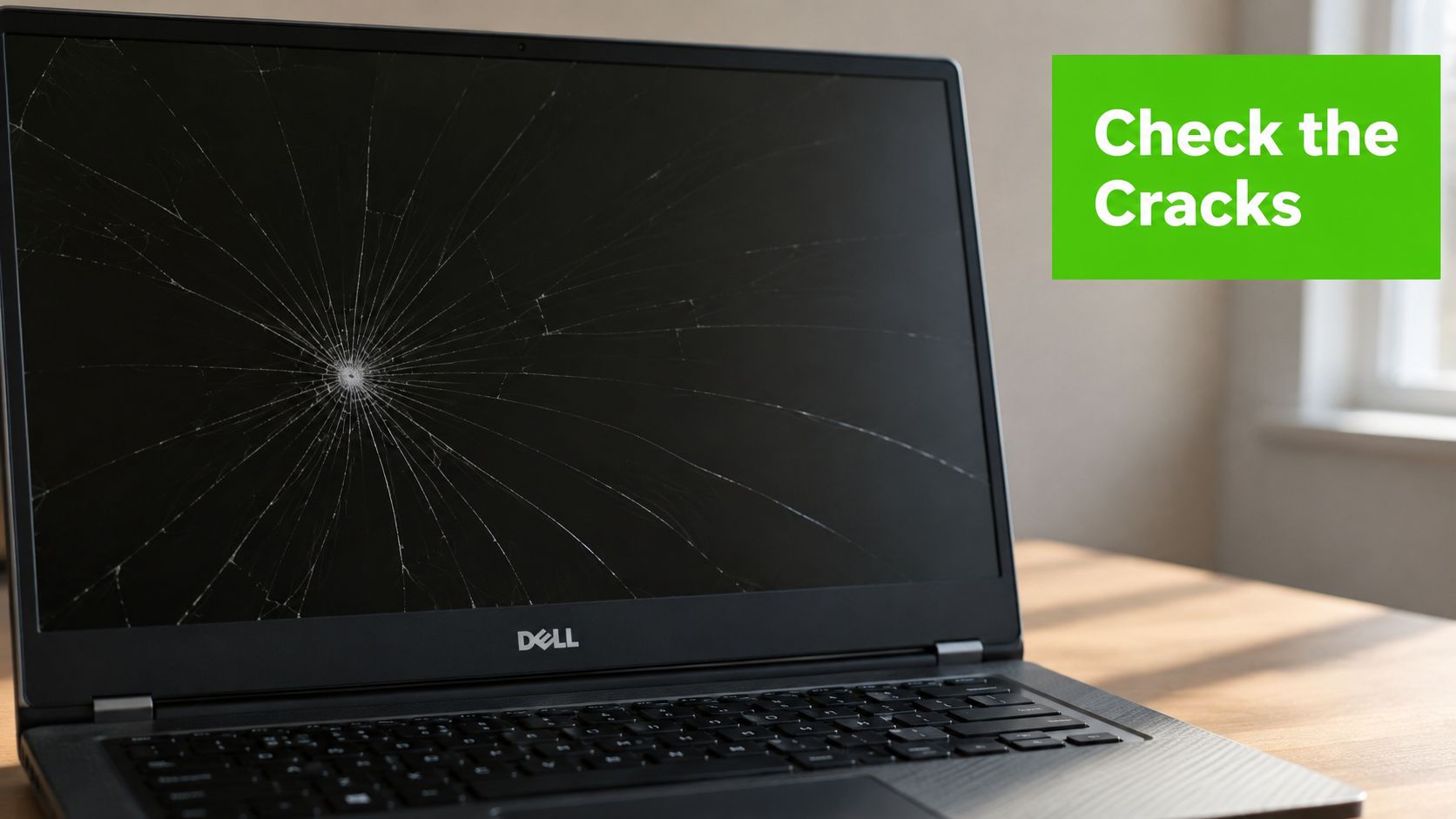 A close-up view of a Dell laptop with a severely cracked and damaged screen on a desk.
