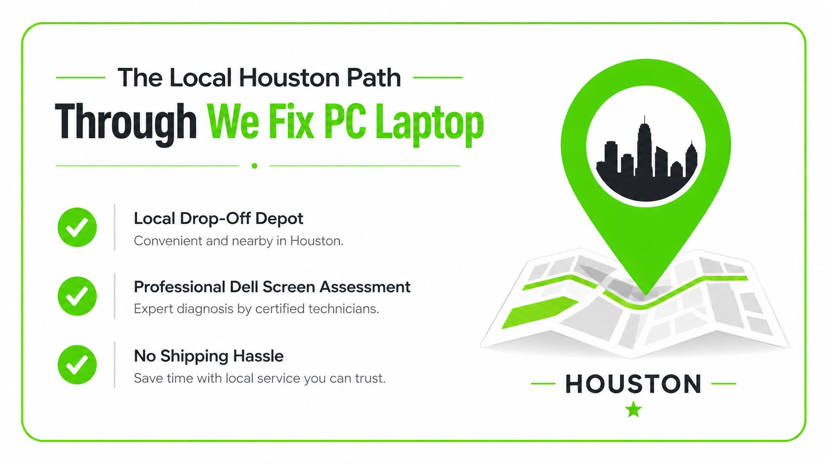 An advertisement for We Fix PC Laptop offering local Dell screen repair services in Houston, Texas.