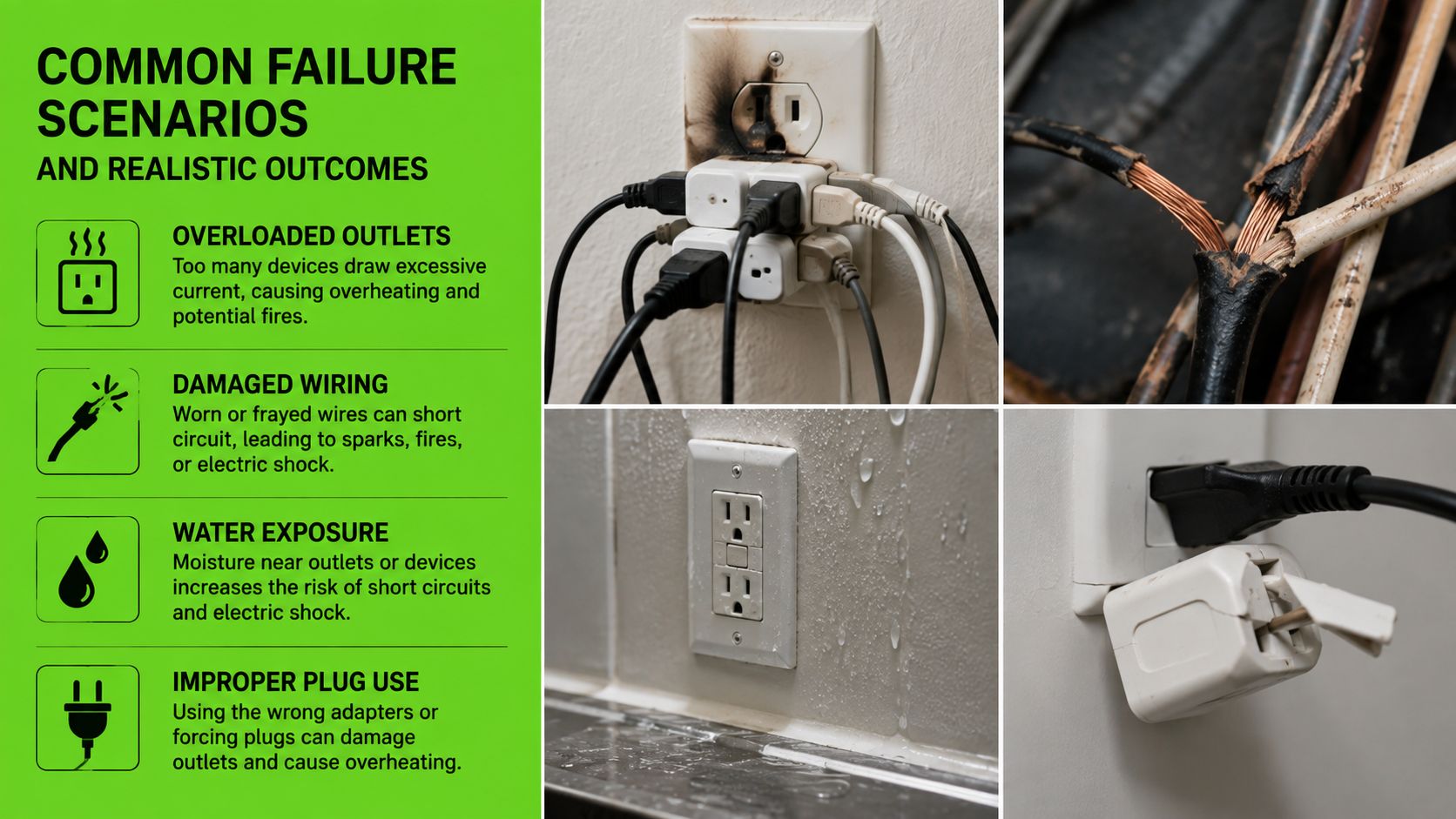 A visual guide illustrating four common electrical hazards including overloaded outlets, damaged wiring, water exposure, and improper plug use.