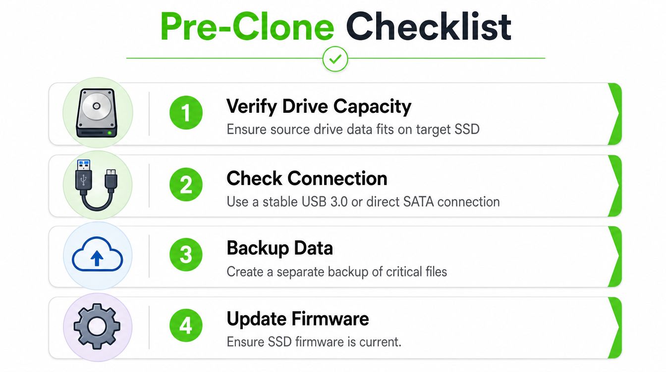 A checklist infographic titled Pre-Clone Checklist detailing four essential steps for preparing to clone a hard drive.
