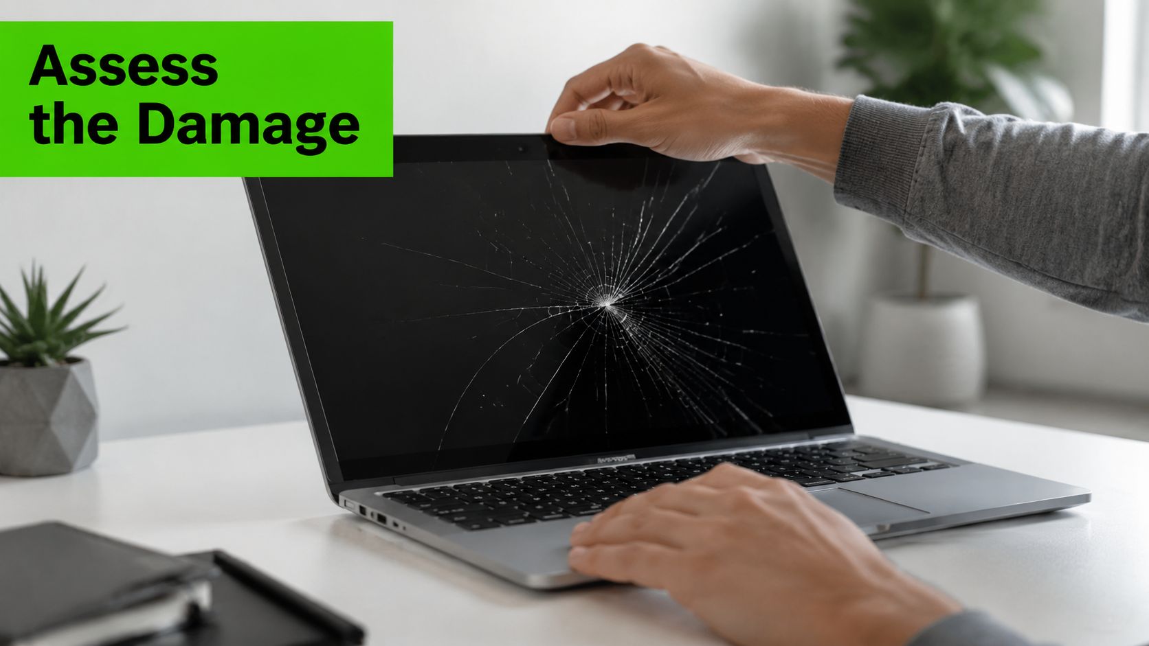 A person examining a laptop with a severely cracked screen on a white office desk.