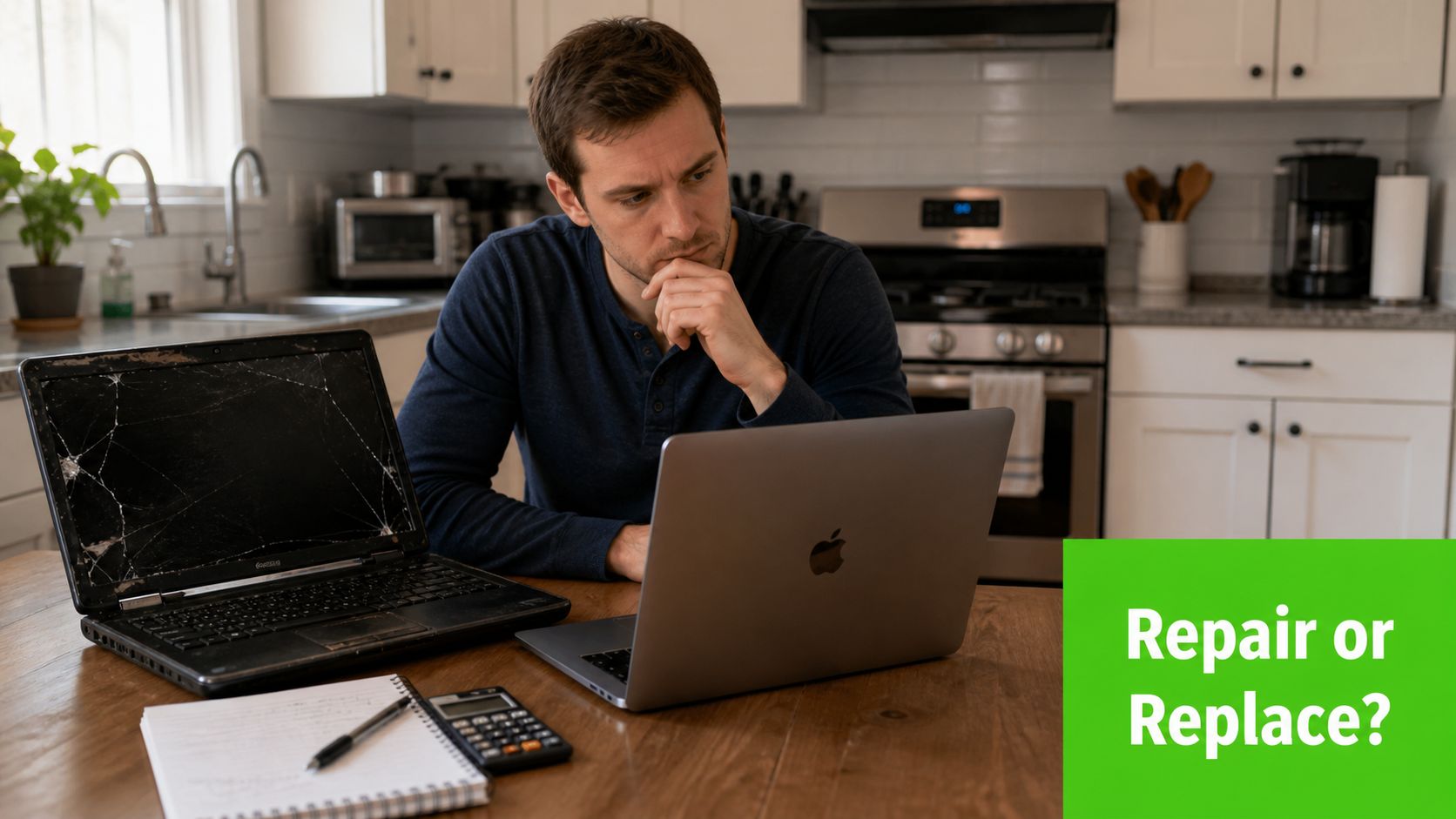 A concerned man sitting at a kitchen table deciding whether to repair or replace his broken laptop.