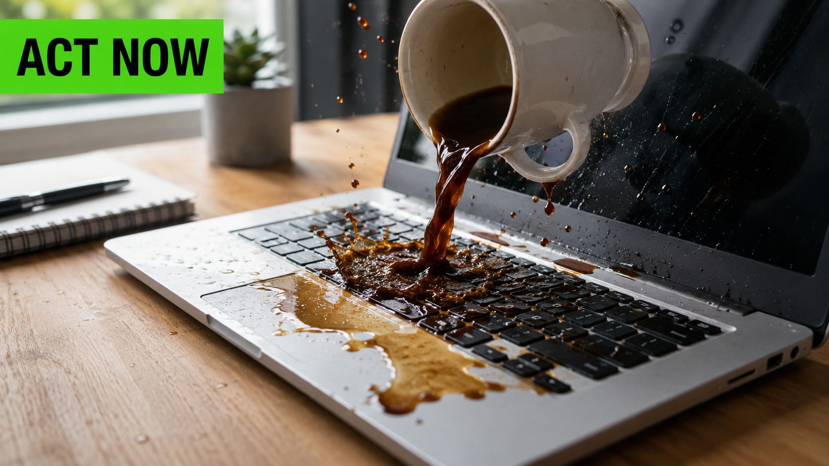 A cup of coffee spilling onto the keyboard of a laptop computer on a wooden desk.
