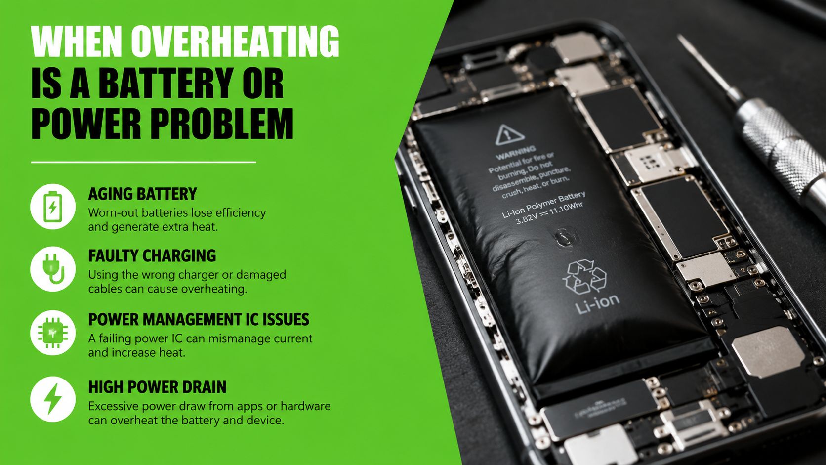 A disassembled smartphone showing a swollen battery and internal components, illustrating causes of mobile device overheating.