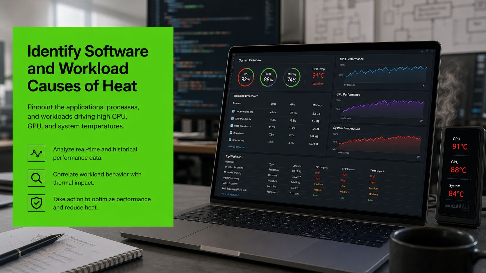 A laptop screen displaying performance metrics and software workload analysis to troubleshoot an overheating laptop system.