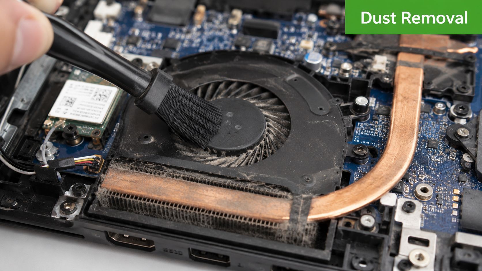 A technician uses a small brush to clean dust from the internal cooling fan of a laptop.