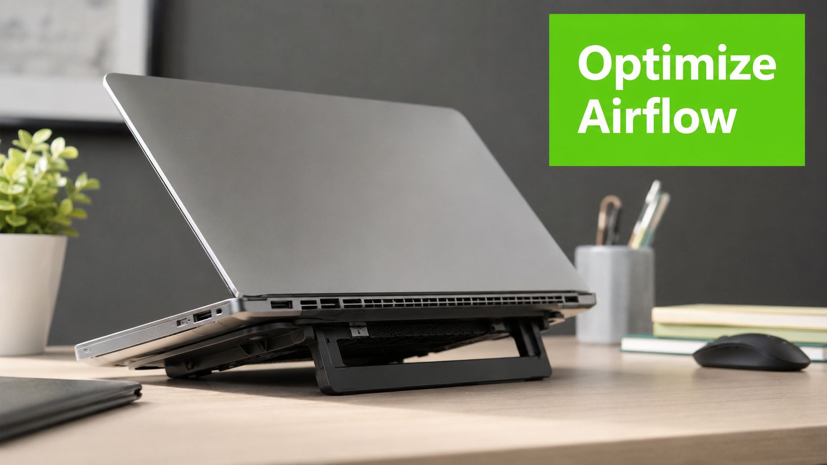 A silver laptop placed on an adjustable black cooling stand to optimize airflow on a desk.