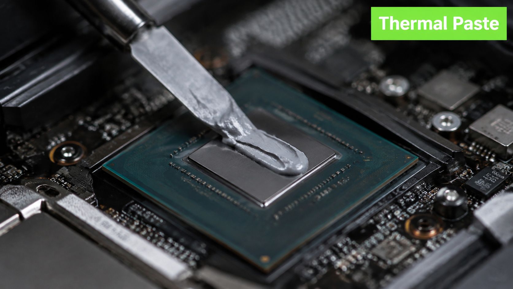 A close-up view of a metal spatula applying gray thermal paste to a laptop CPU processor.