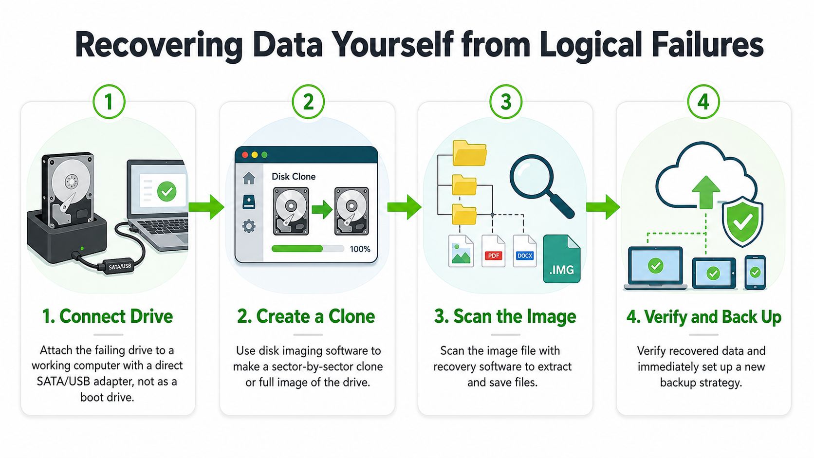 A step-by-step infographic illustrating the four-stage process for DIY data recovery from a logical hard drive failure.