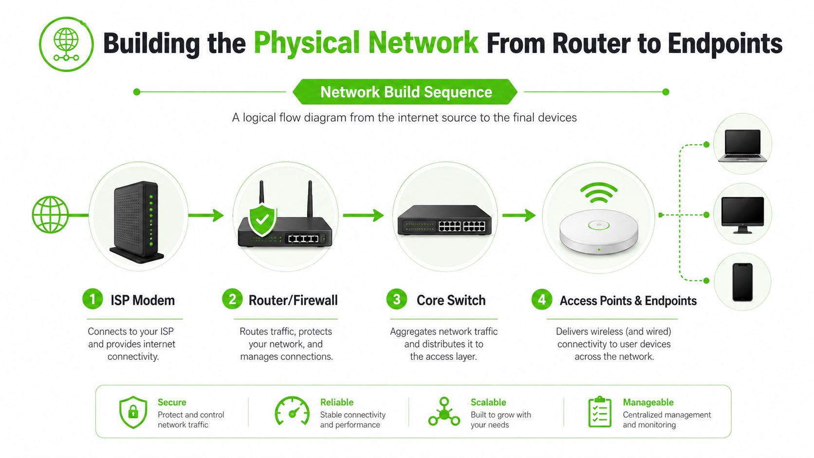 A diagram illustrating the four steps to build a physical network from the internet to devices.