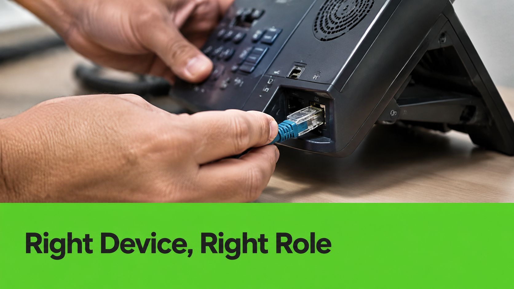 A close-up view of a person connecting an Ethernet cable to a modern VoIP desk phone.