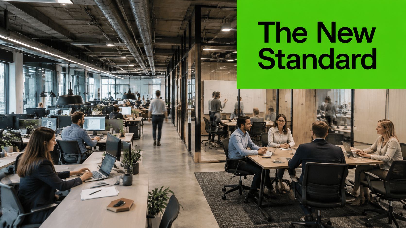 A modern, open-concept office space featuring professional employees working at desks and collaborating in a conference room.