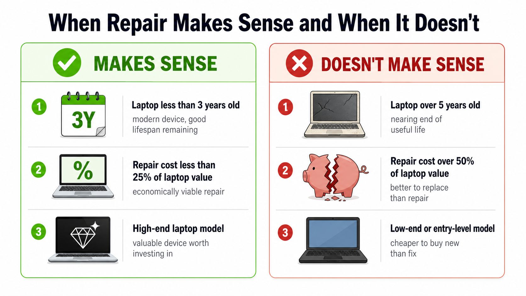 A comparison chart showing when it makes sense or does not make sense to repair a laptop.
