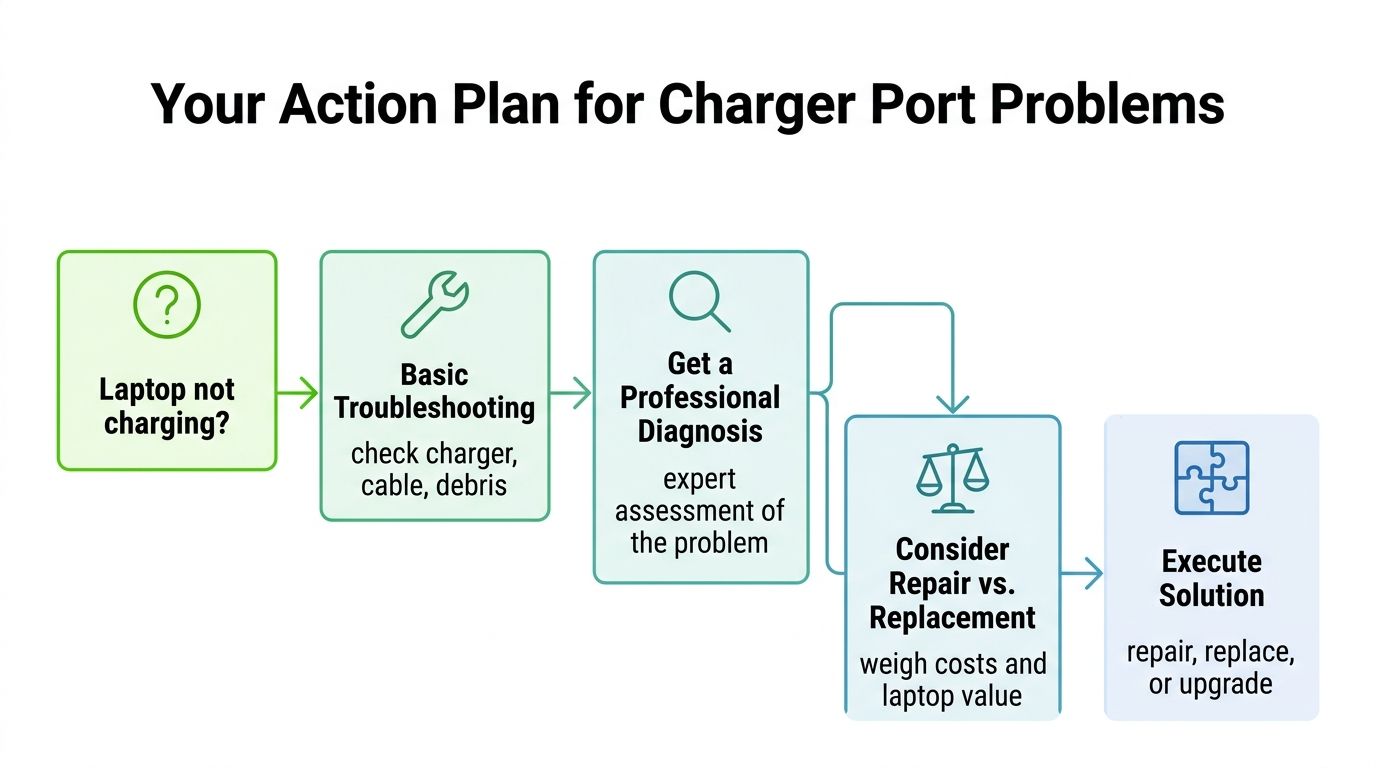 A flowchart titled Your Action Plan for Charger Port Problems outlining steps to fix a charging laptop.