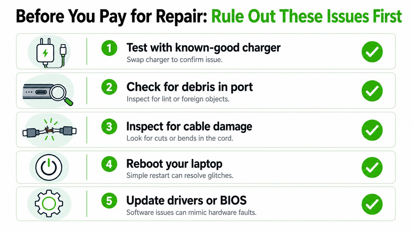 A checklist infographic titled Before You Pay for Repair providing tips for troubleshooting laptop charging issues.