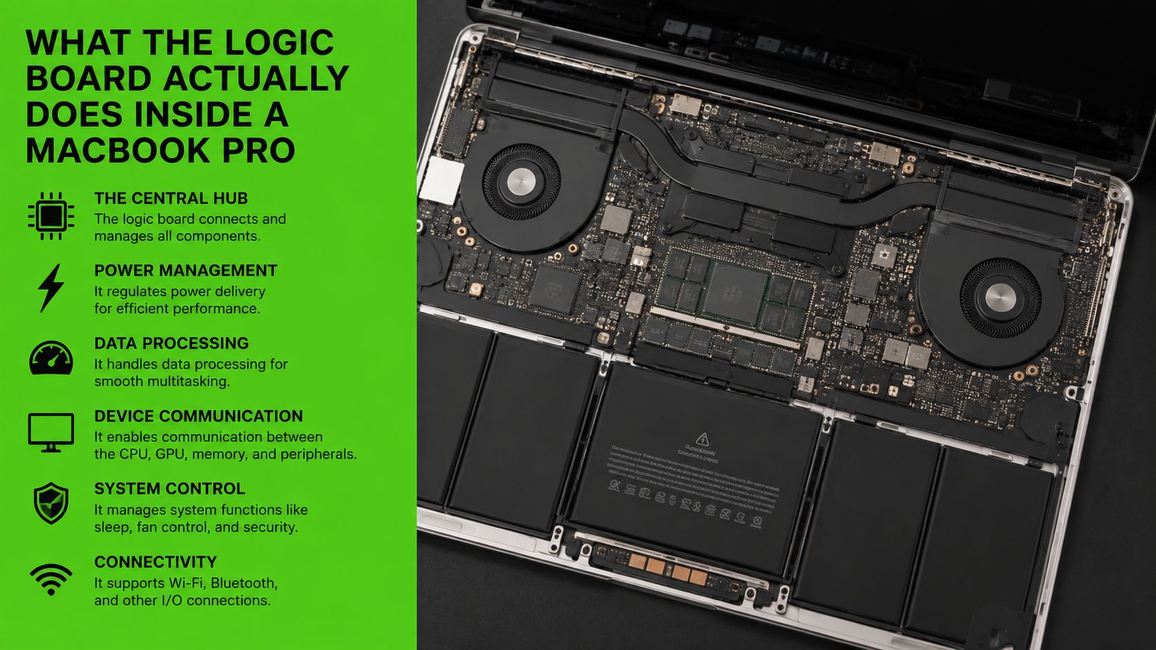 Internal components of an open MacBook Pro displaying the logic board and battery configuration for repair context.