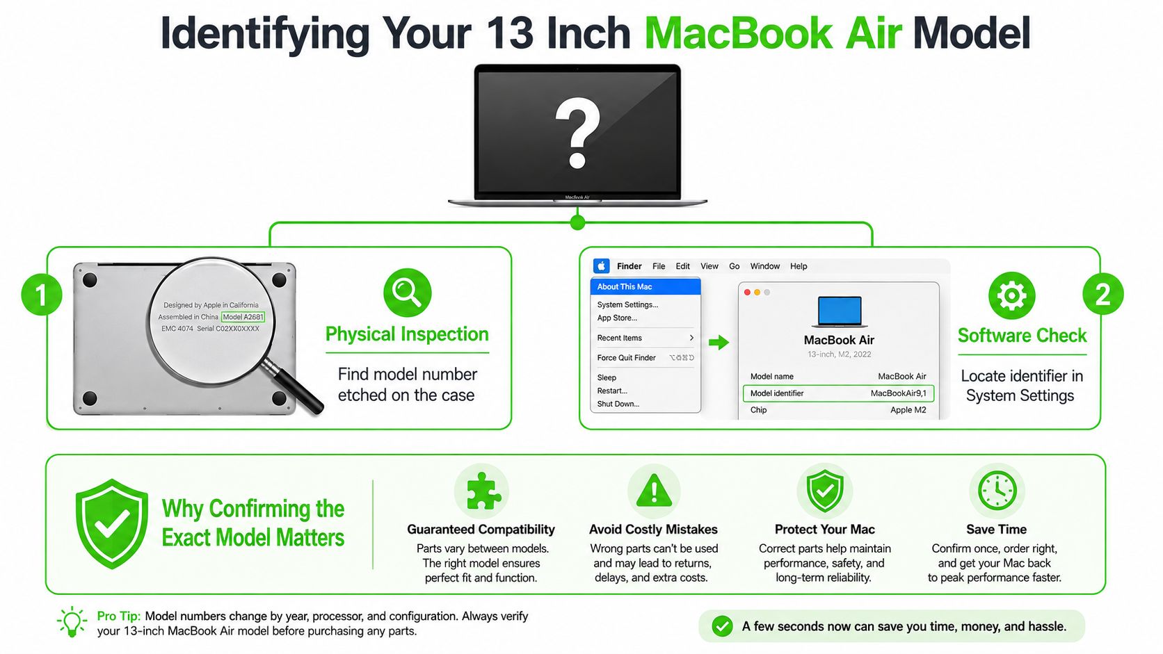 An infographic showing two methods to identify a 13-inch MacBook Air model for replacement parts.
