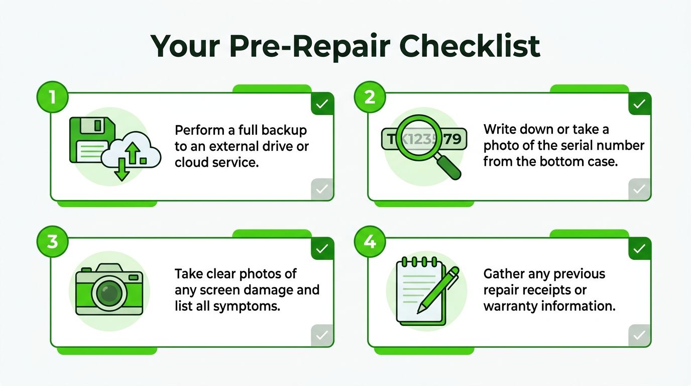 A green checklist graphic titled Your Pre-Repair Checklist providing four steps to take before a device repair.
