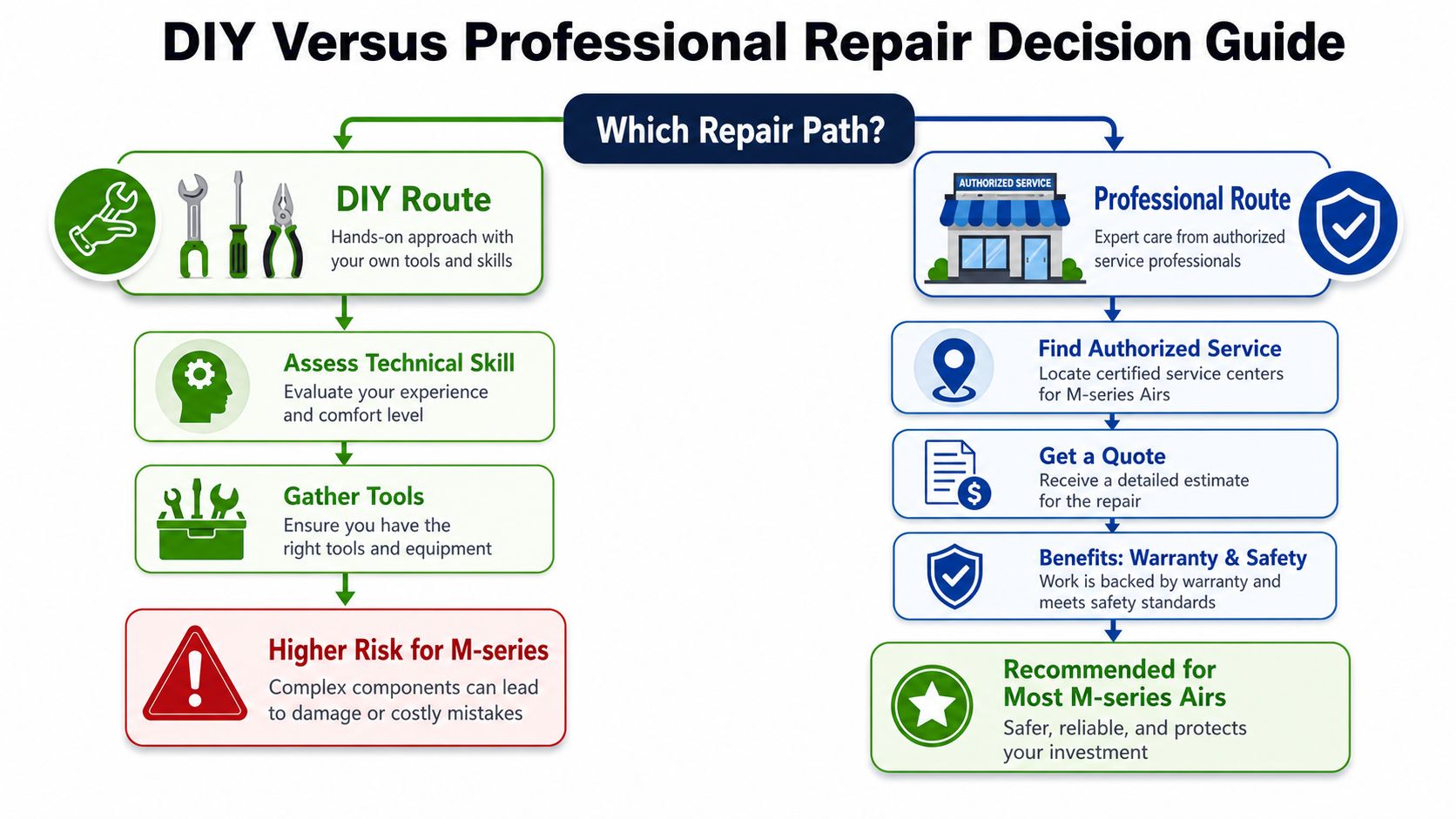 A decision guide flowchart comparing the pros and cons of DIY repair versus professional service for M-series Airs.