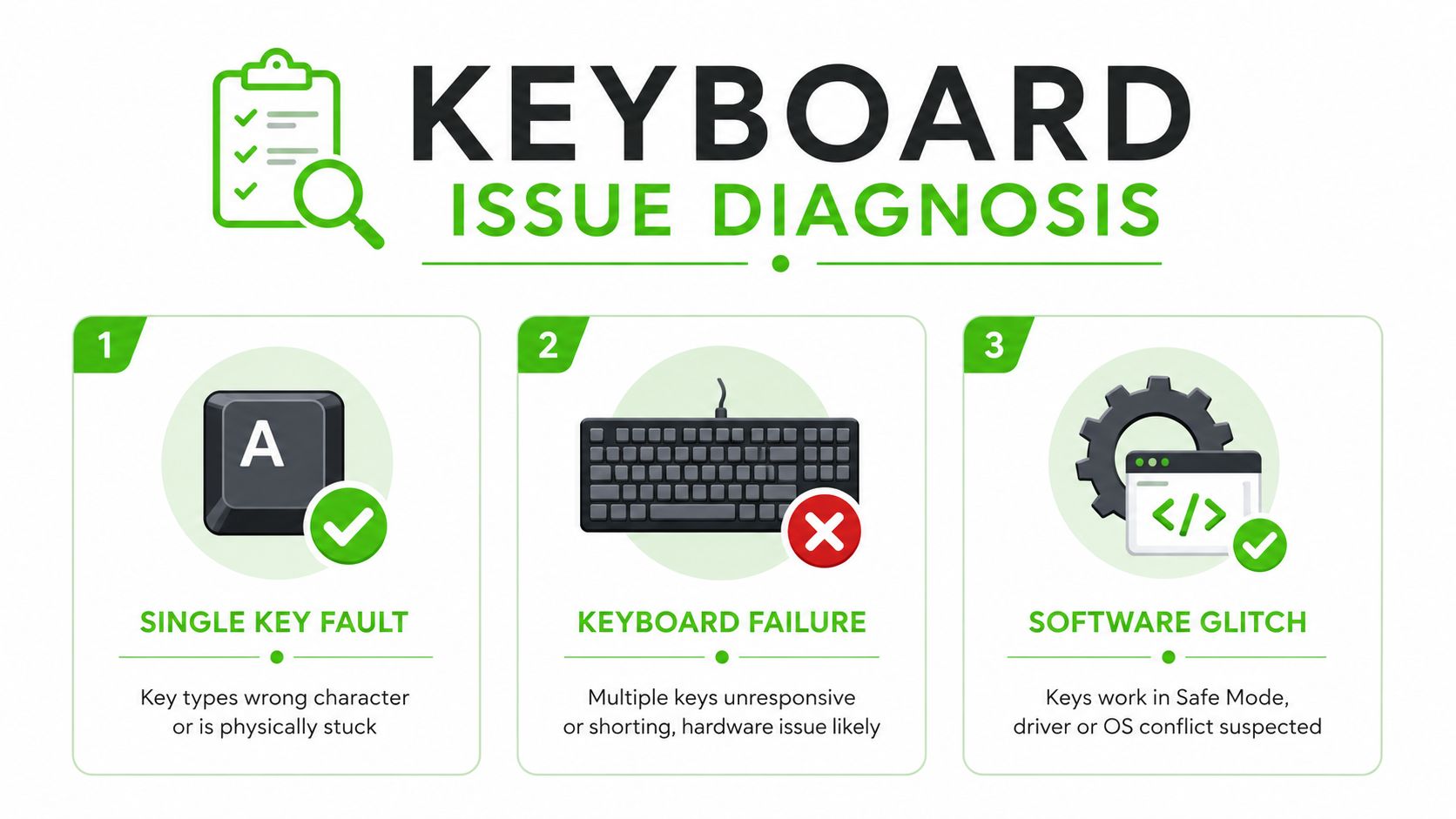 A diagnostic guide illustrating three categories of keyboard issues including single key faults, total hardware failure, and software glitches.