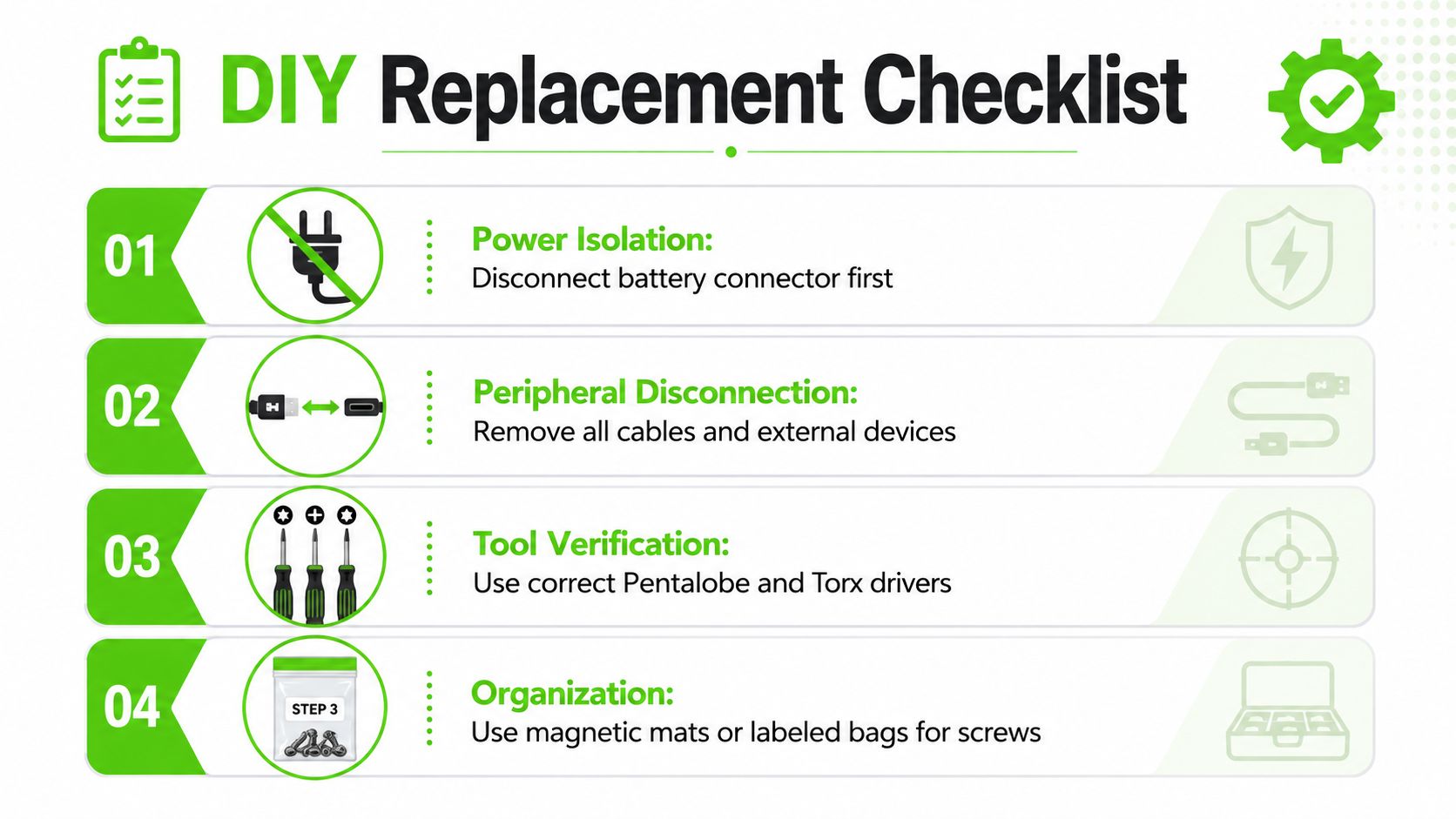 A four-step DIY replacement checklist graphic featuring icons for power isolation, peripheral disconnection, tool verification, and organization.