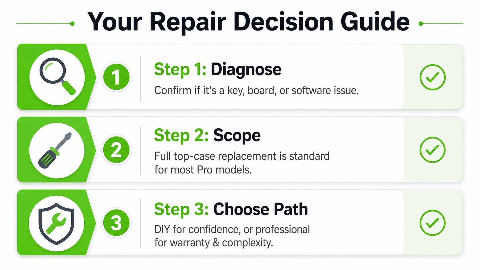 A three-step repair decision guide illustration for diagnosing and fixing MacBook Pro keyboard issues.