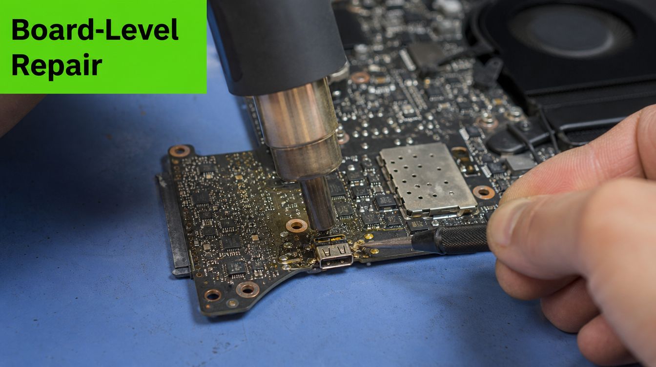 A technician uses a heat gun and probe to repair a USB port on a circuit board.