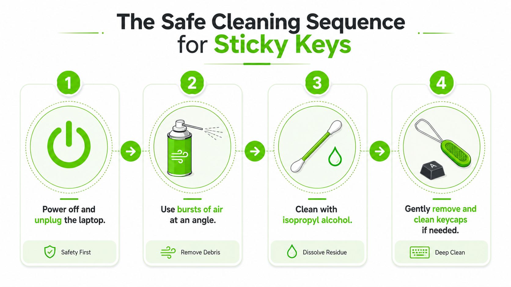 A four-step infographic showing the safe cleaning sequence for sticky laptop keys using air and alcohol.