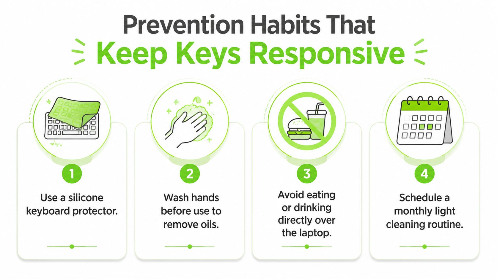 A four-step infographic showing prevention habits like using a keyboard cover and washing hands to keep keys responsive.