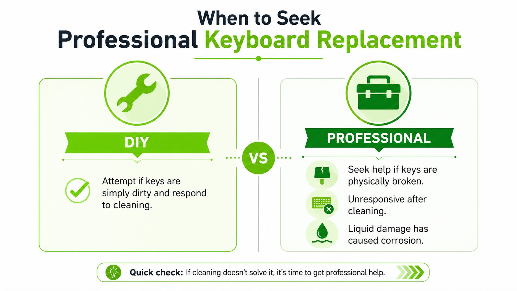 An infographic showing when to fix a keyboard yourself versus when to seek professional laptop repair services.
