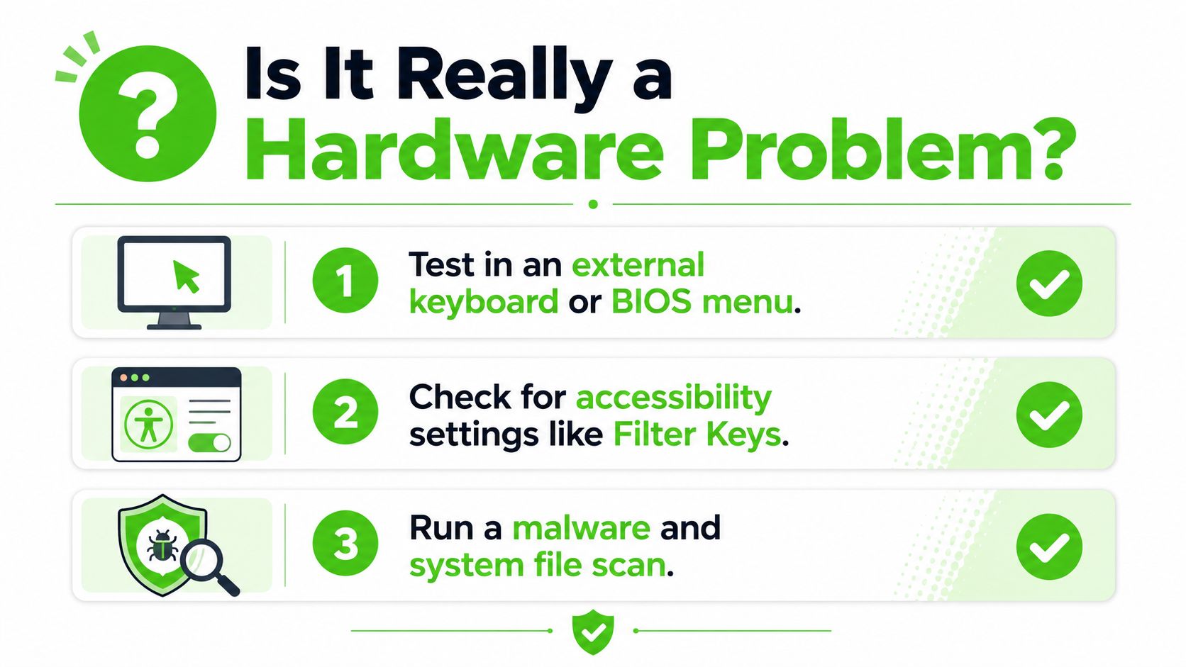 An infographic titled Is It Really a Hardware Problem listing three troubleshooting steps for keyboard issues.